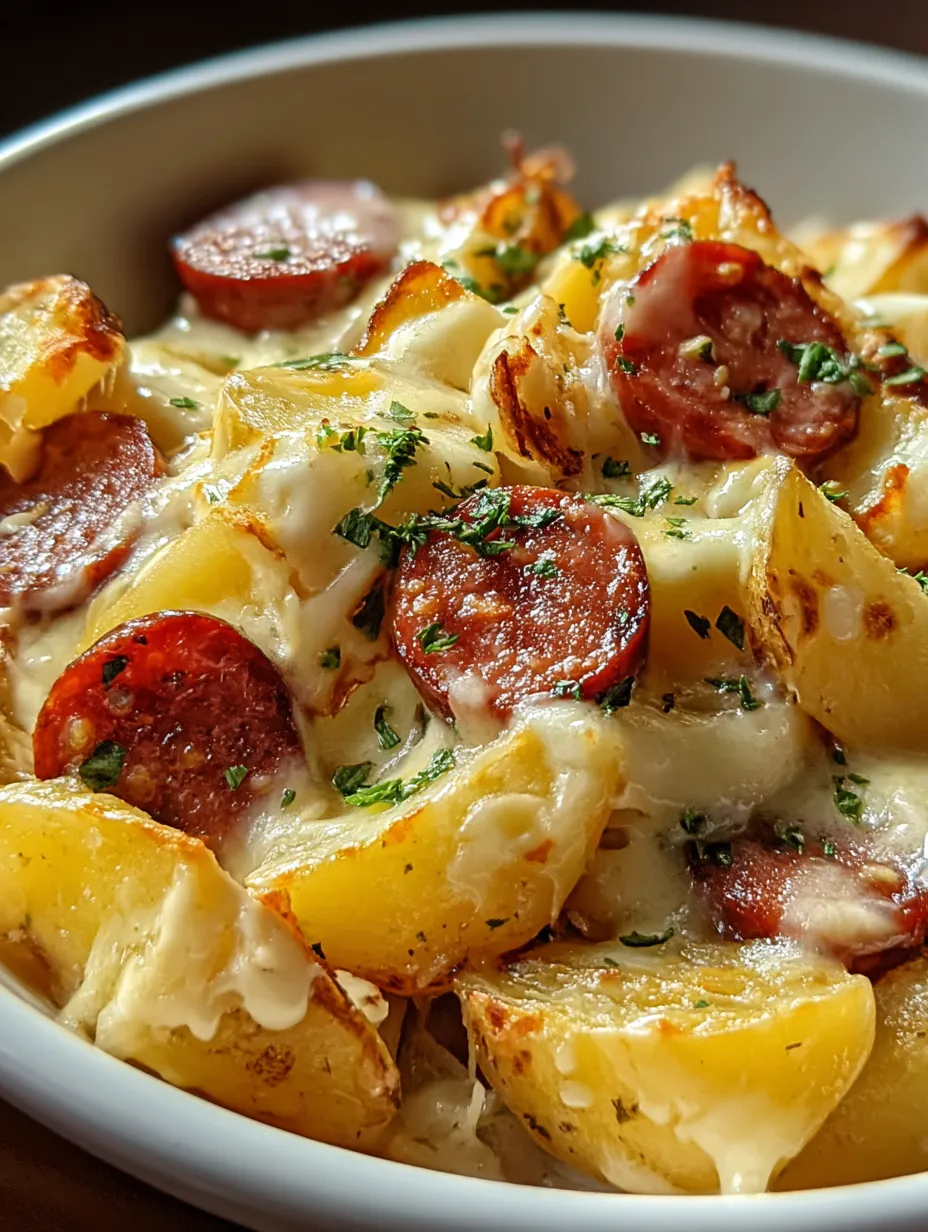 Eine Schüssel mit Kartoffeln, Wurst und Käse.