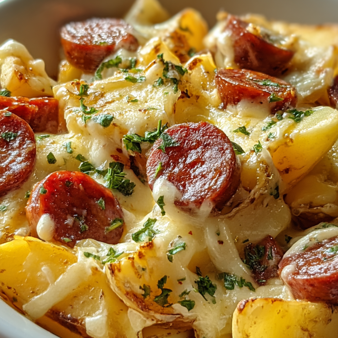 Schale mit Wurst und Kartoffeln.