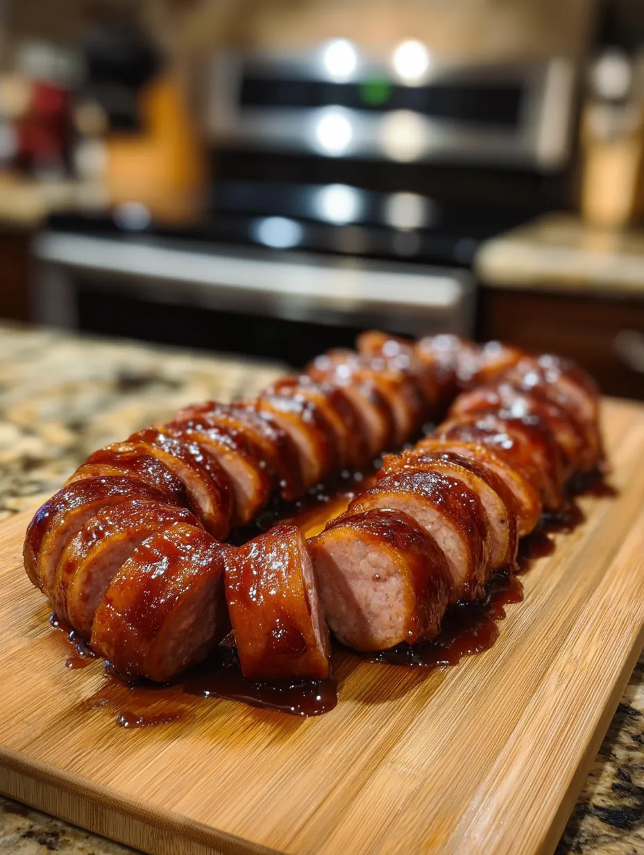 Eine große Wurst auf einem Holzbrett.