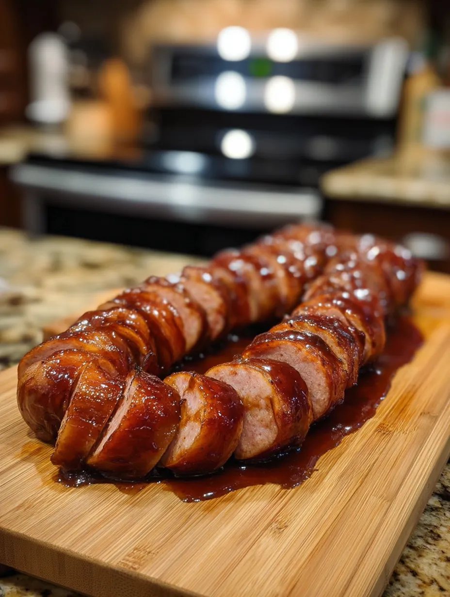 Eine Wurst auf einem Holzbrett.