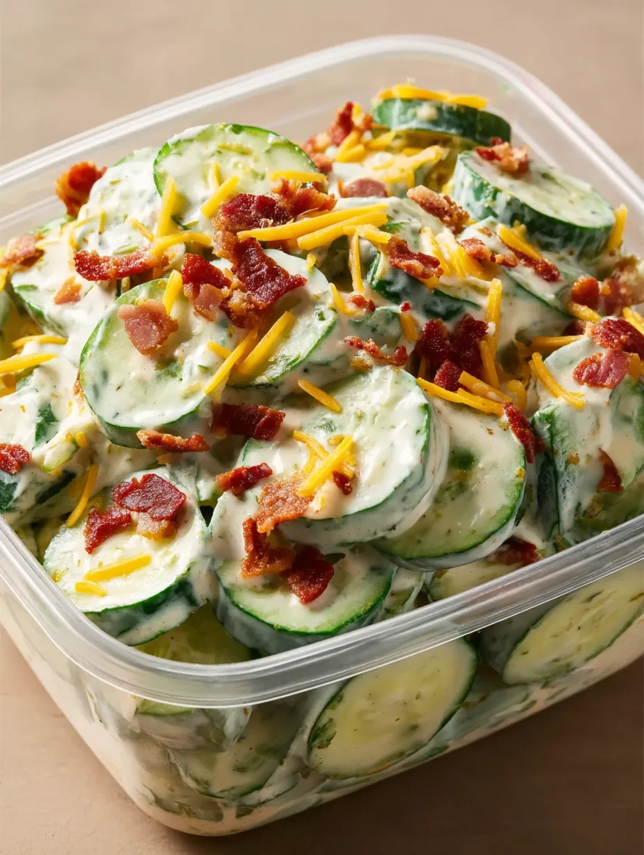 Eine Schale mit Gurkensalat, Bacon und Käse.