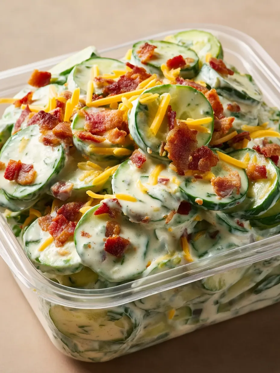 Ein Behälter mit Gurken-Bacon-Käse-Salat.