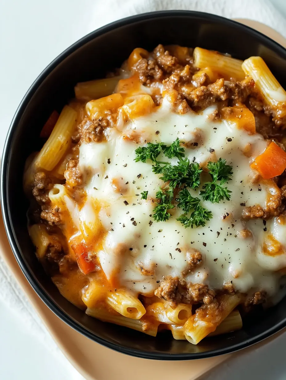 Eine Schüssel Nudeln mit Fleisch und Käse.