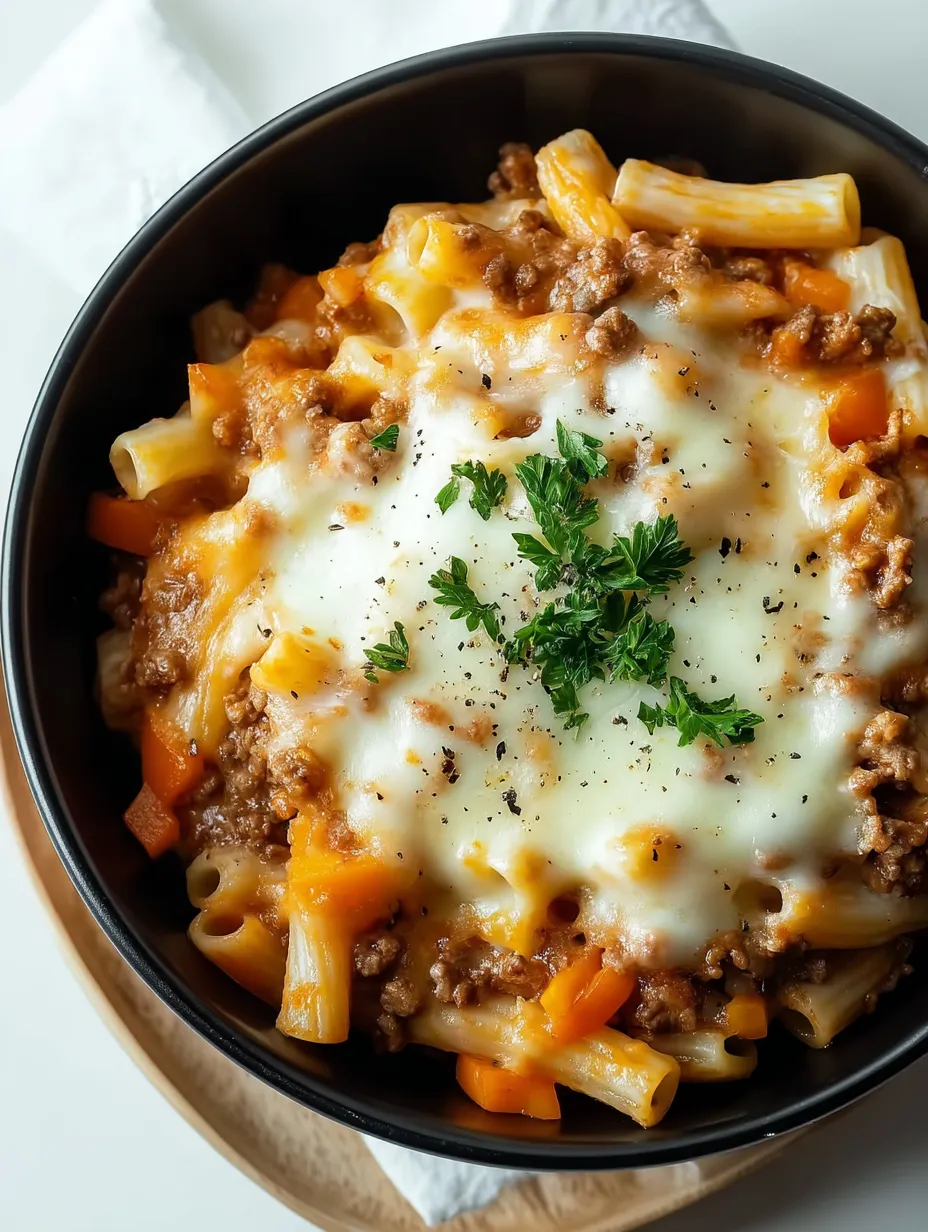 Eine Schüssel Nudeln mit Fleisch und Käse.