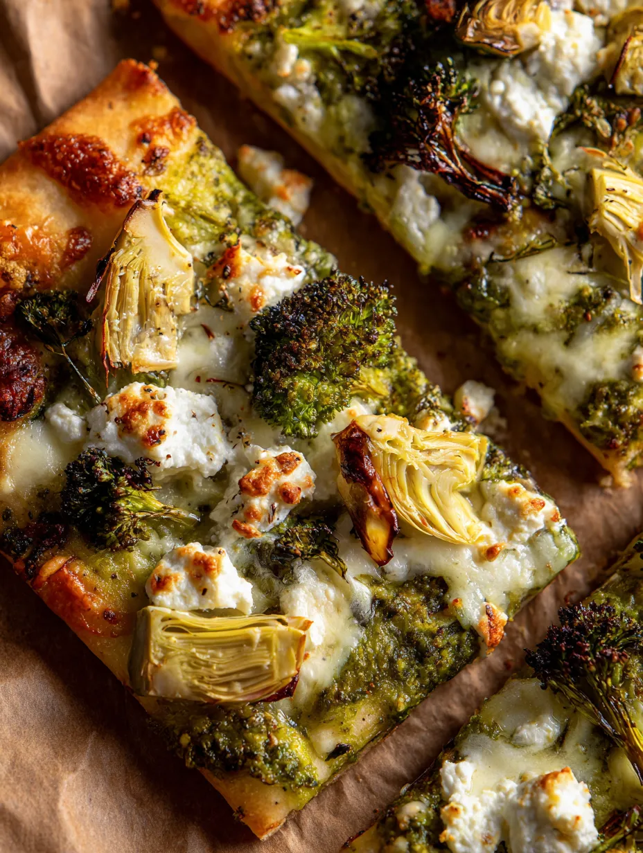 Ein Stück Pizza mit Brokkoli oben drauf.