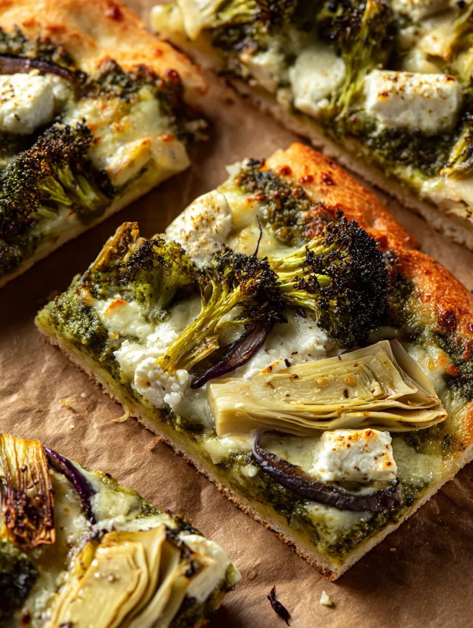 Ein leckeres Stück Pizza mit Brokkoli oben drauf.