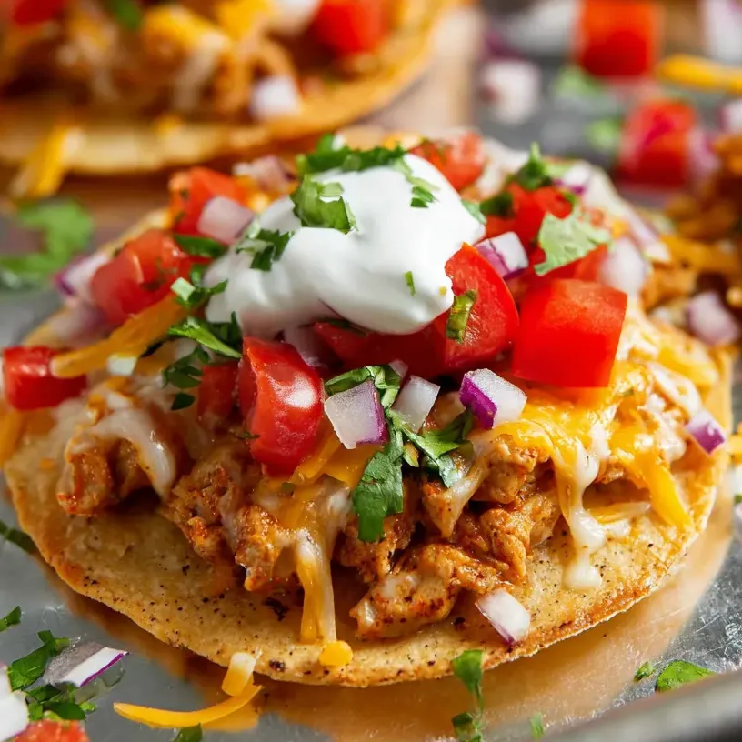 Ein Teller mit kleinen Tostadas und weißem Dip obendrauf.