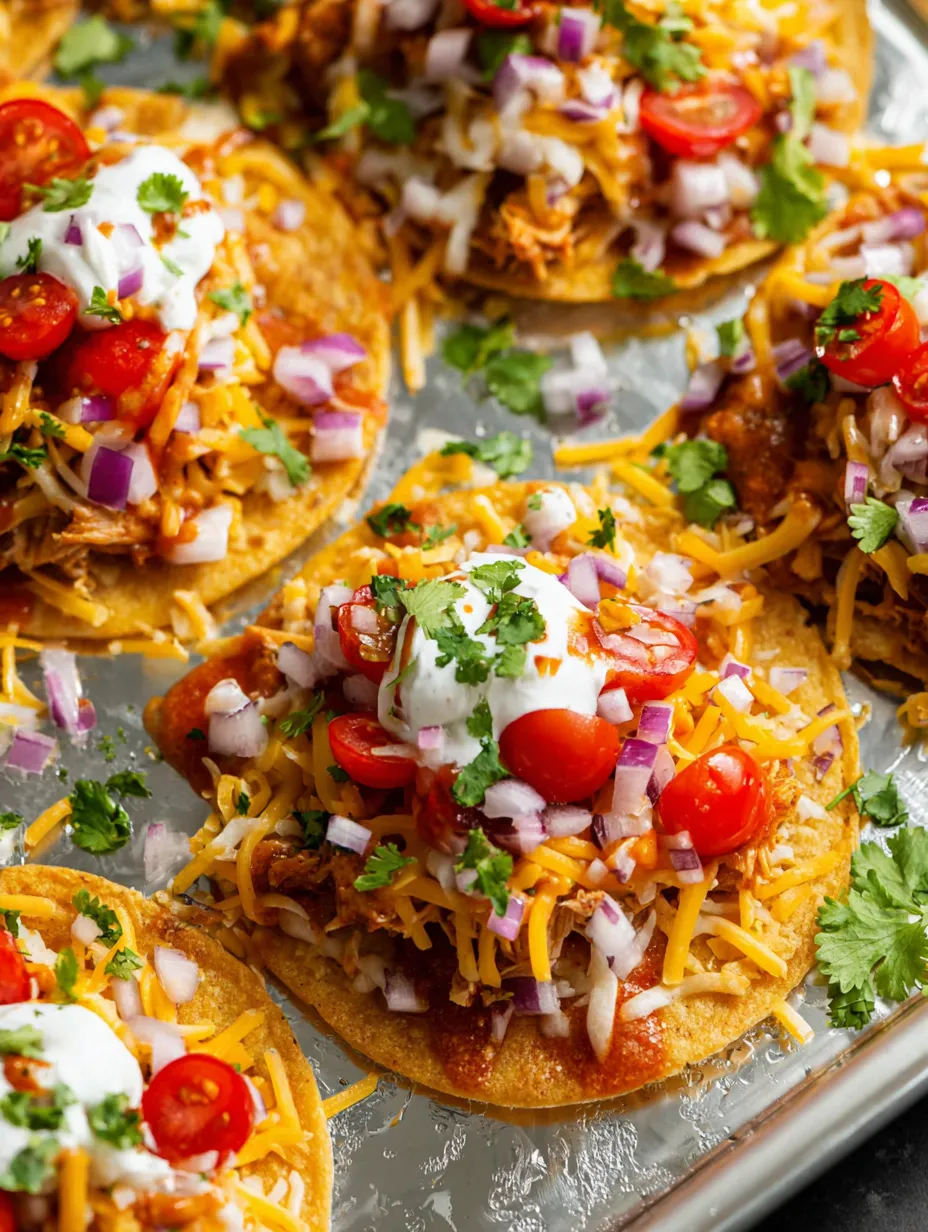 Ein Backblech voller Tostadas mit weißer Soße und Toppings.