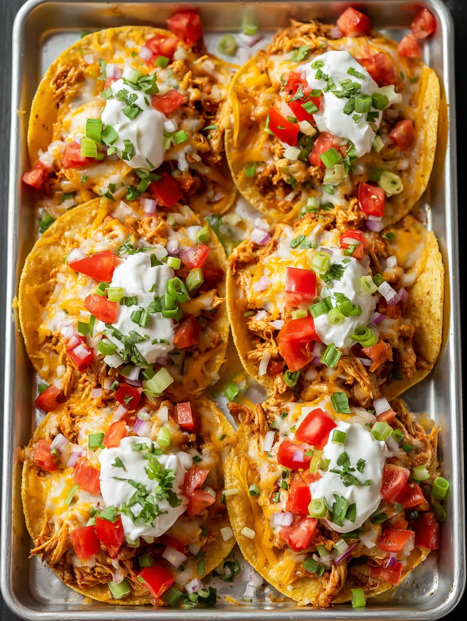 Ein Blech mit Tacos aus Hähnchen, Salat, Tomaten und Käse.