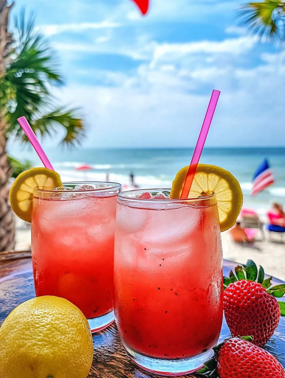 Zwei Gläser rosa Limonade mit frischen Erdbeeren und Zitronenspalten.