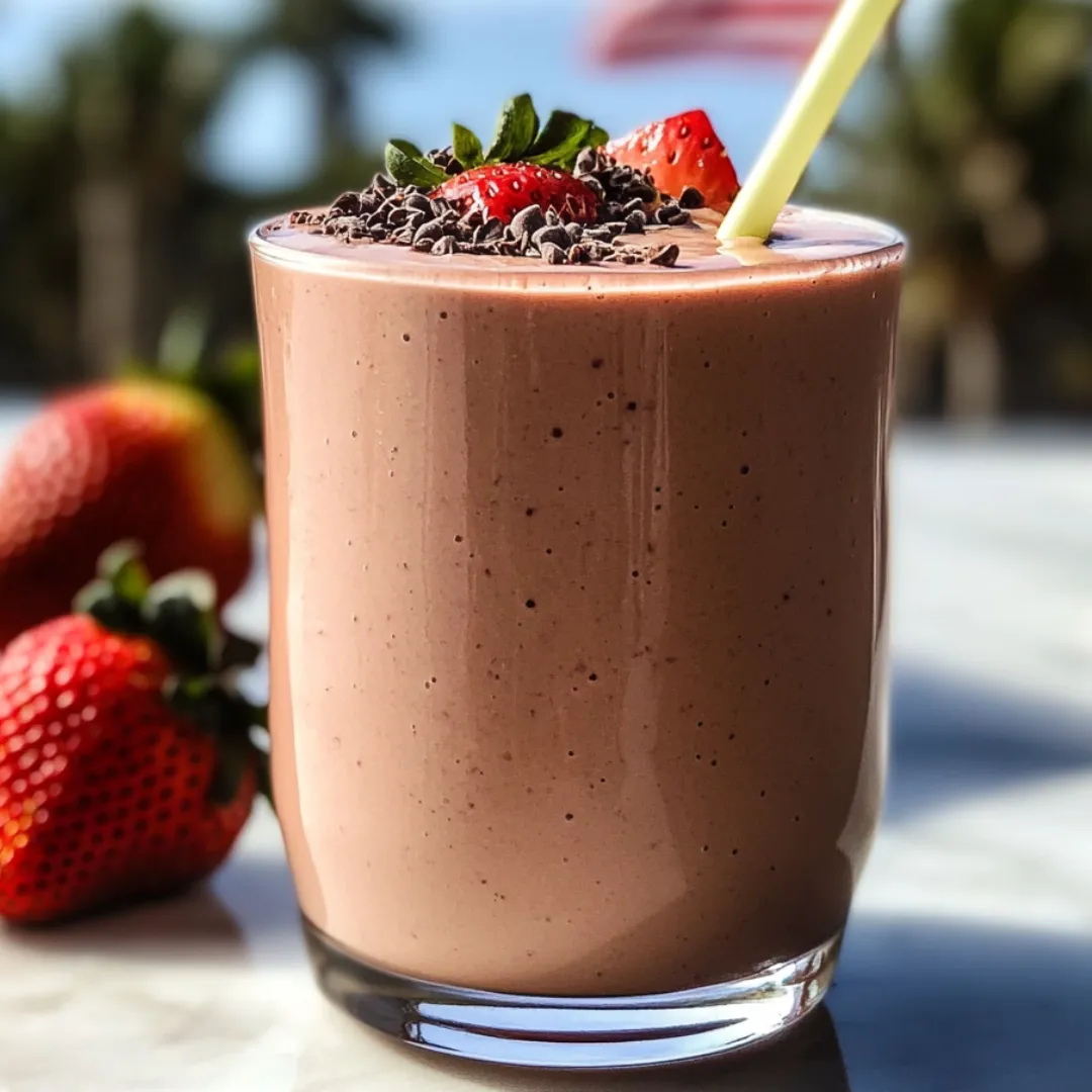 Ein Glas voll mit Schoko-Drink, oben drauf frische Erdbeeren.