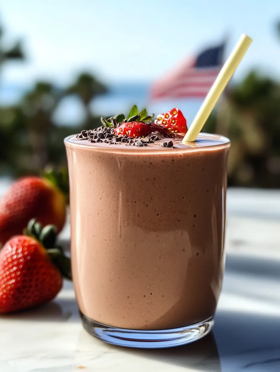 Hohes Glas mit schokoladigem Drink und Erdbeeren obendrauf.