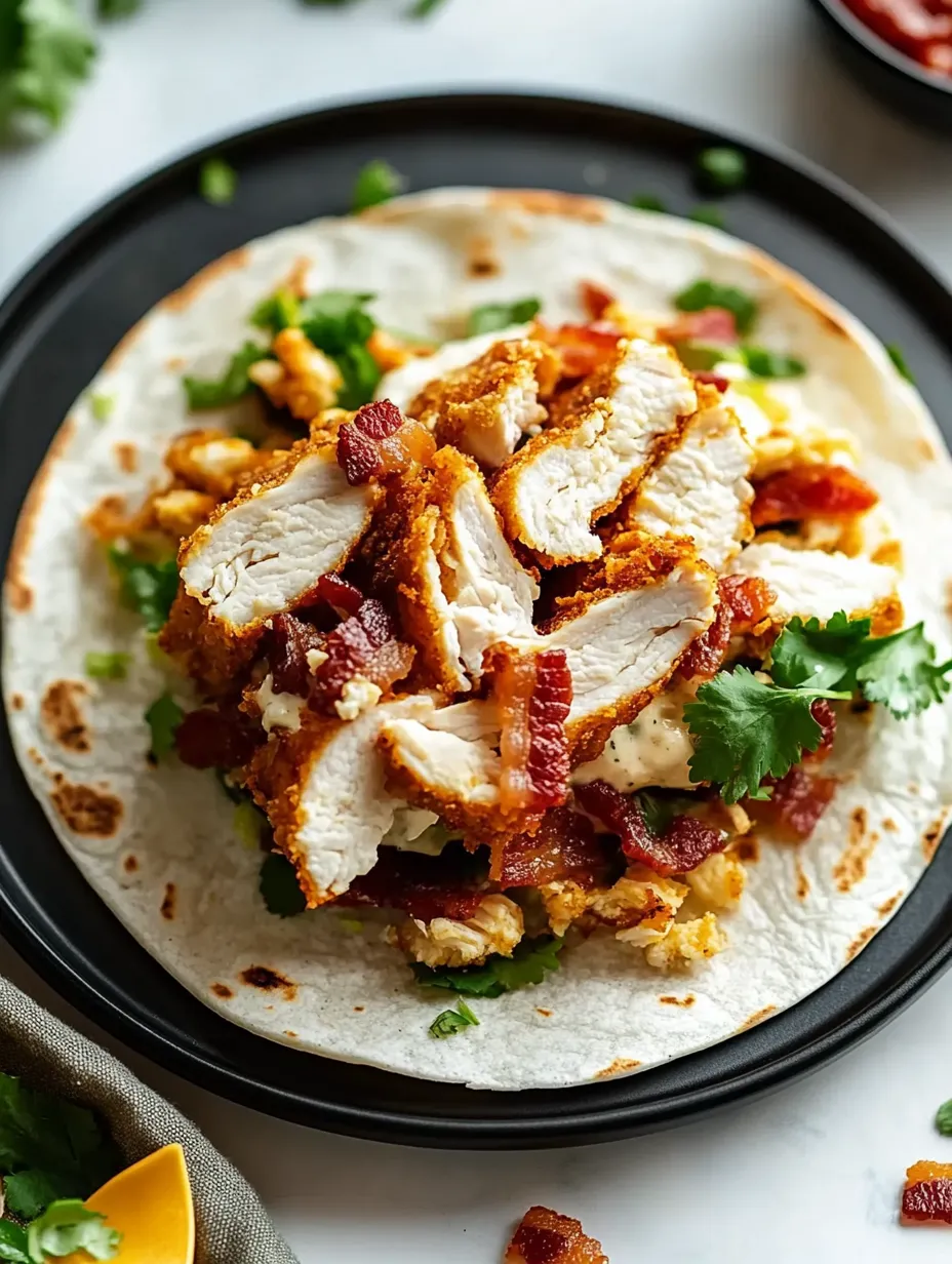 Ein Teller mit Hühnchen und Bacon auf einer Tortilla.