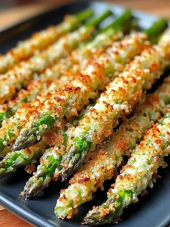 Ein Teller mit Spargel und geschmolzenem Käse.