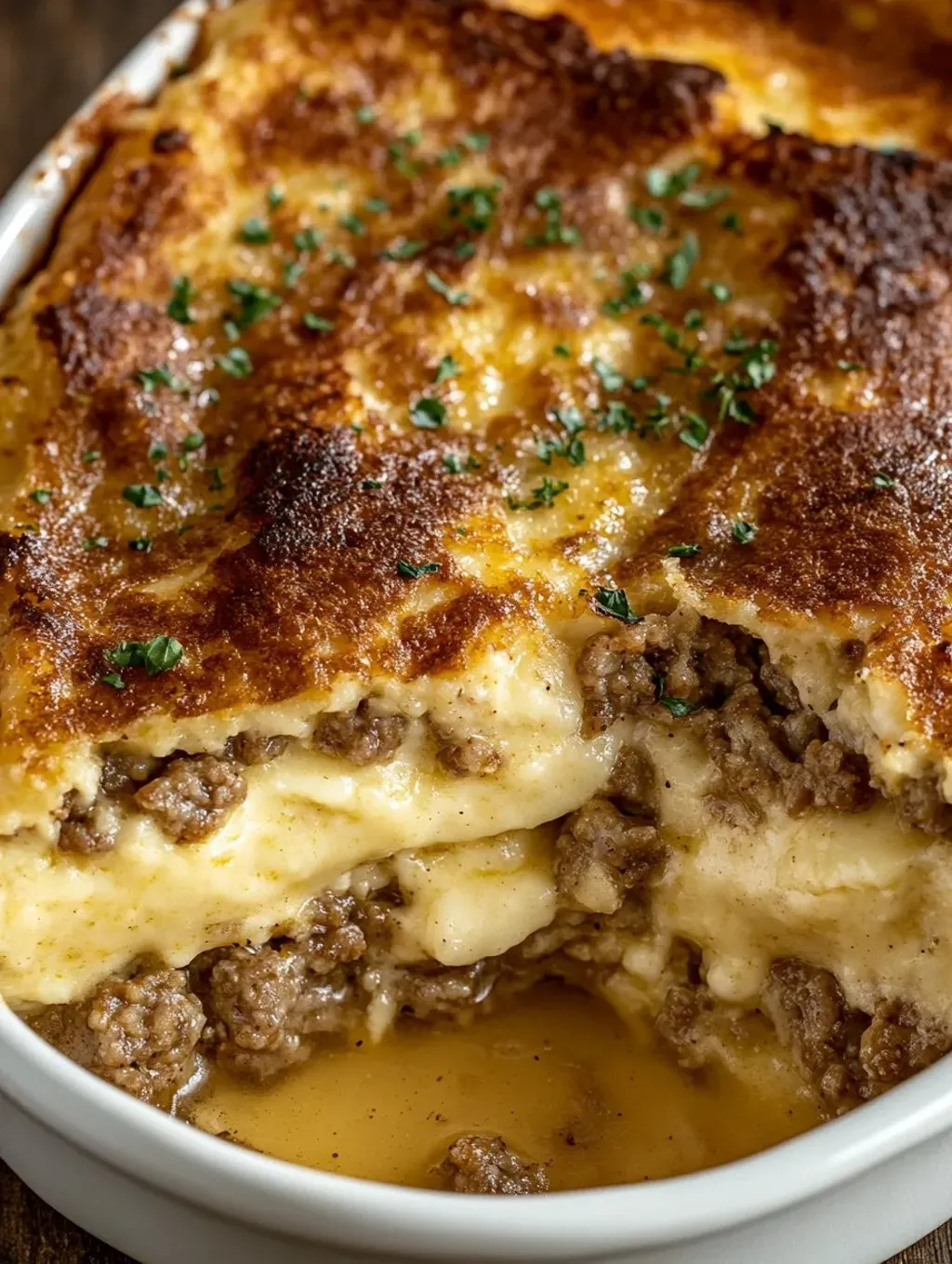 Nahaufnahme von einer richtig leckeren Auflaufschicht mit Käse.