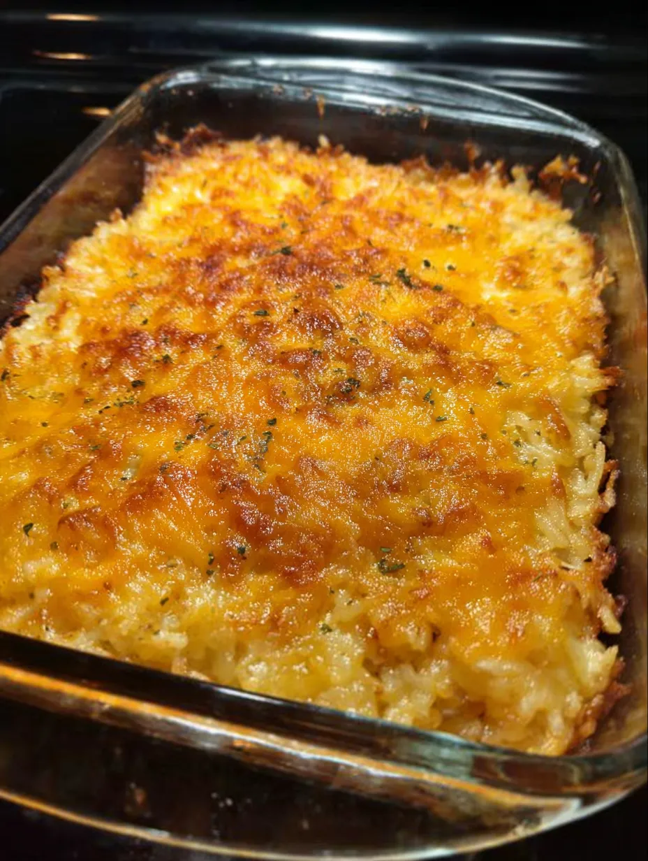 Eine Auflaufform mit Käse und Kartoffeln.
