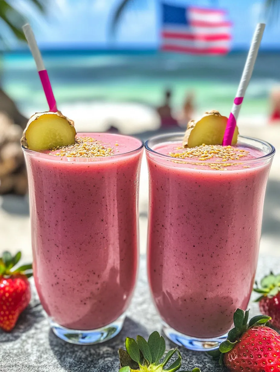 Zwei Gläser rosa Smoothie mit Erdbeeren.
