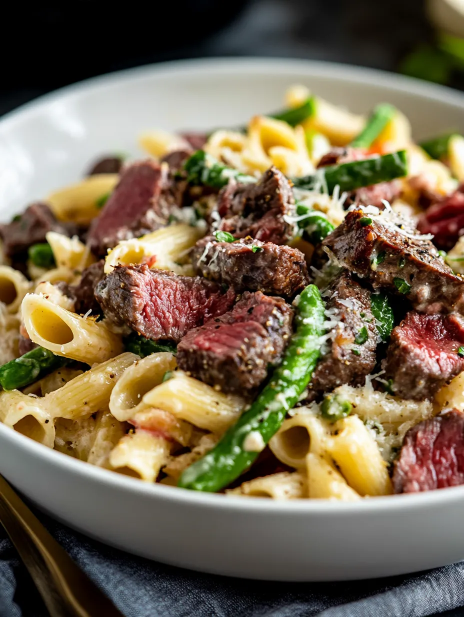 Eine Schüssel mit Pasta, Steak, Bacon und frischem Spargel.