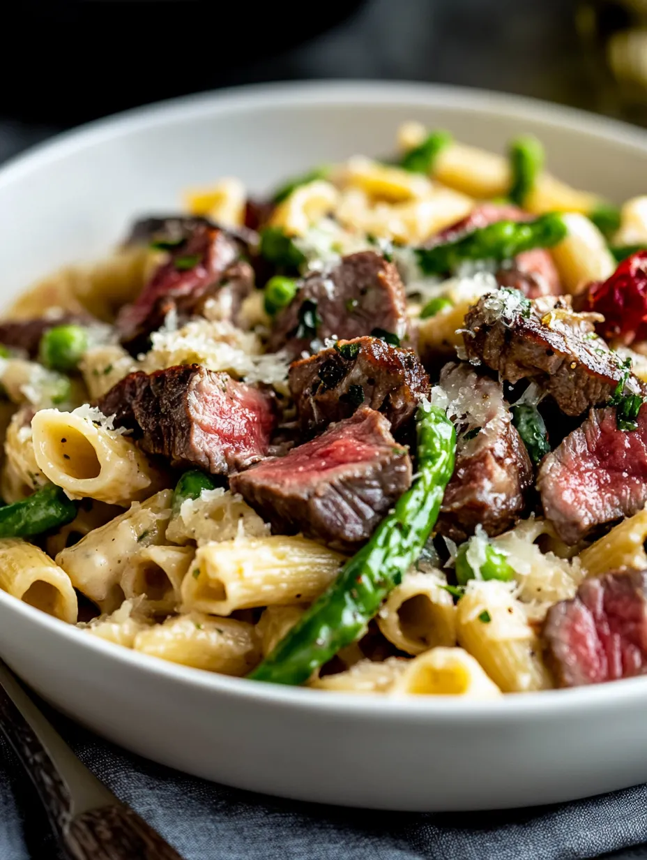 Eine Schüssel mit Pasta, Steak, Bacon und frischem Spargel.