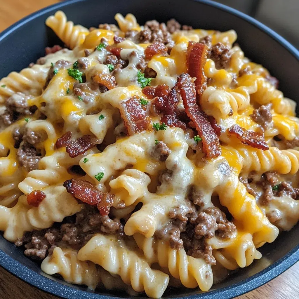 Eine Schüssel Nudeln mit Fleisch und Käse.