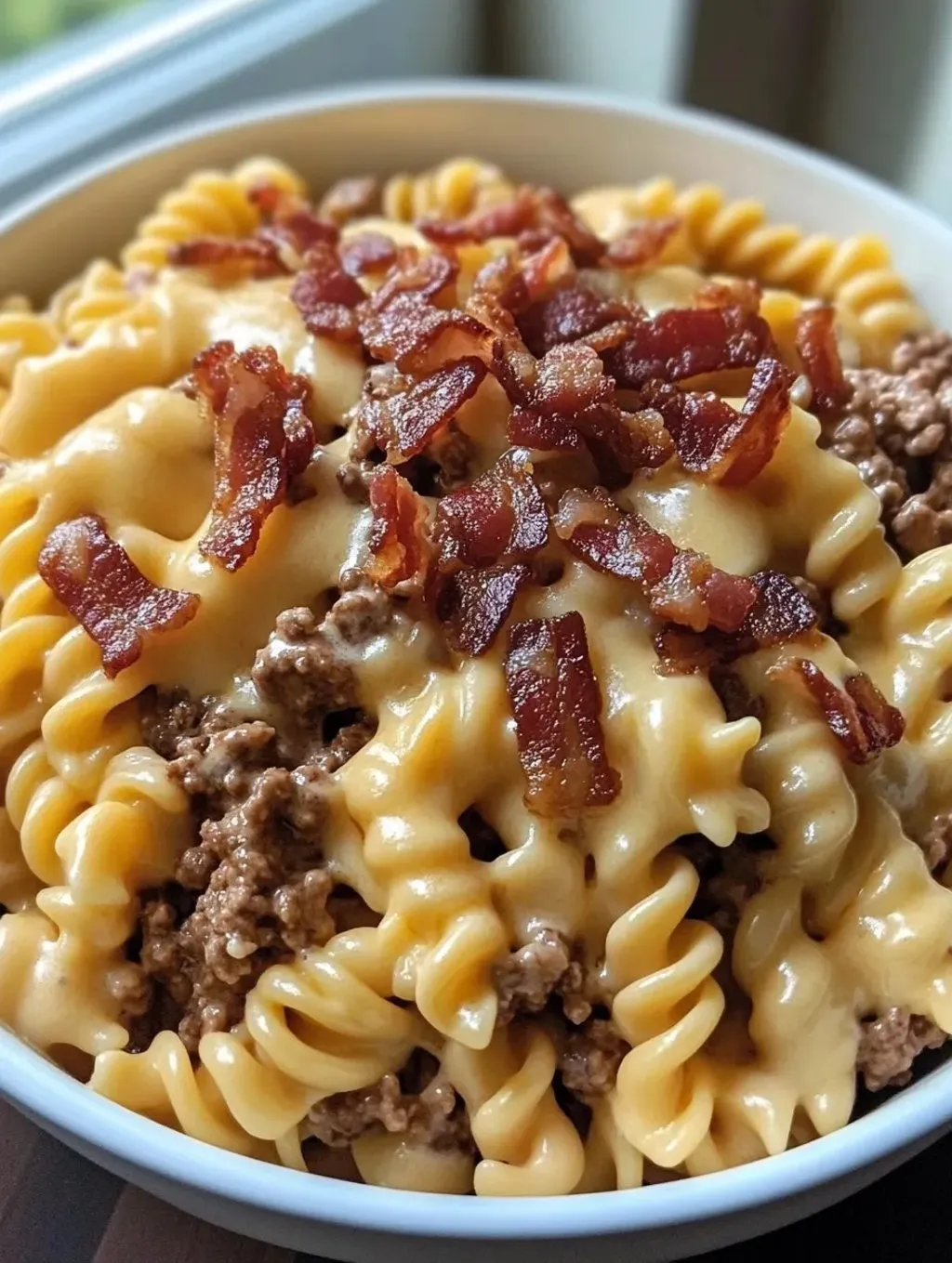 Eine Schüssel Pasta mit Rinderbacon und Käse.