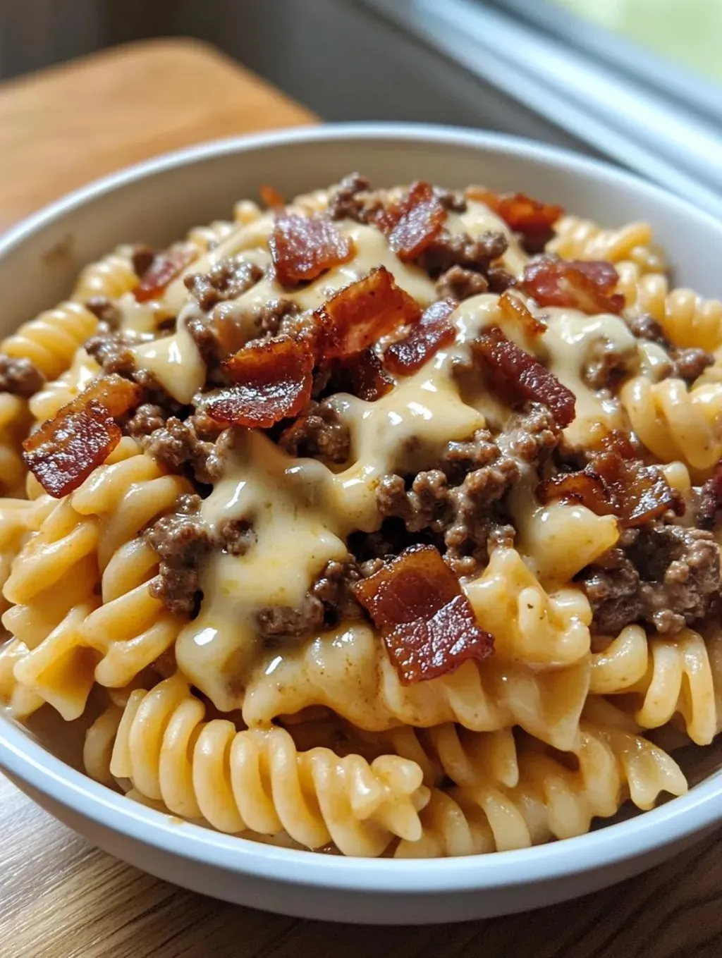 Eine Schüssel Pasta mit Fleisch und Käse.