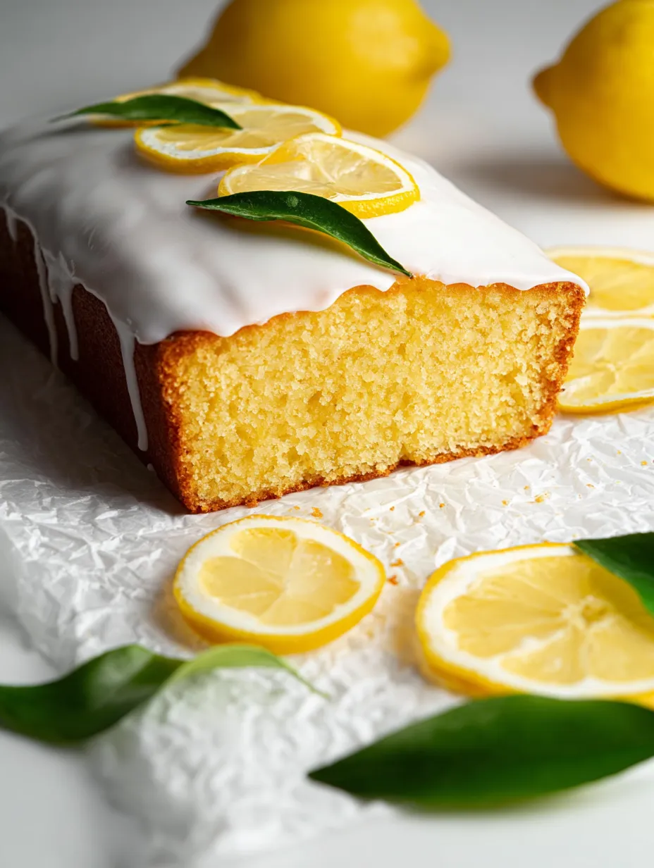 Ein Stück Zitronenkuchen mit Zitronenscheiben drauf.