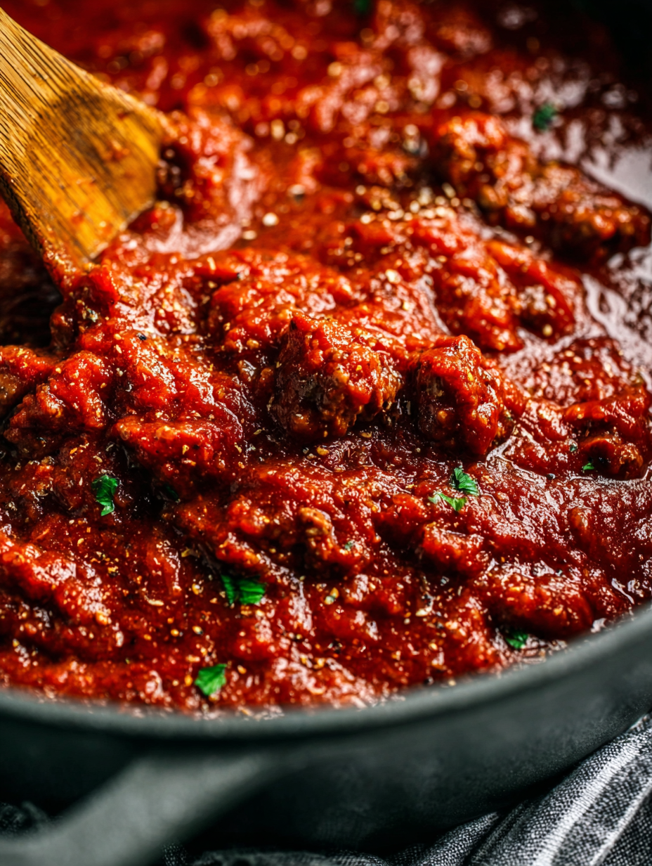 Ein Holzlöffel in einem Topf mit Tomatensauce.