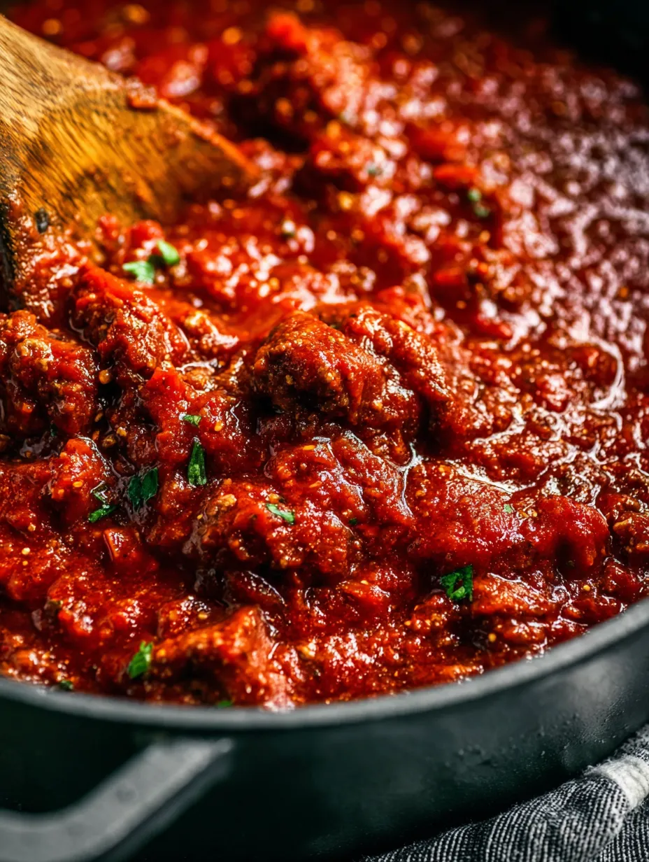 Ein Löffel in einer Schüssel Tomatensauce.