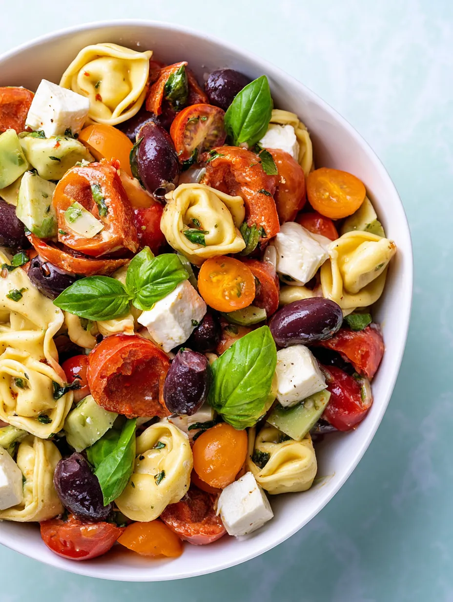 Schüssel mit Pasta, Tomaten, Oliven und Käse.