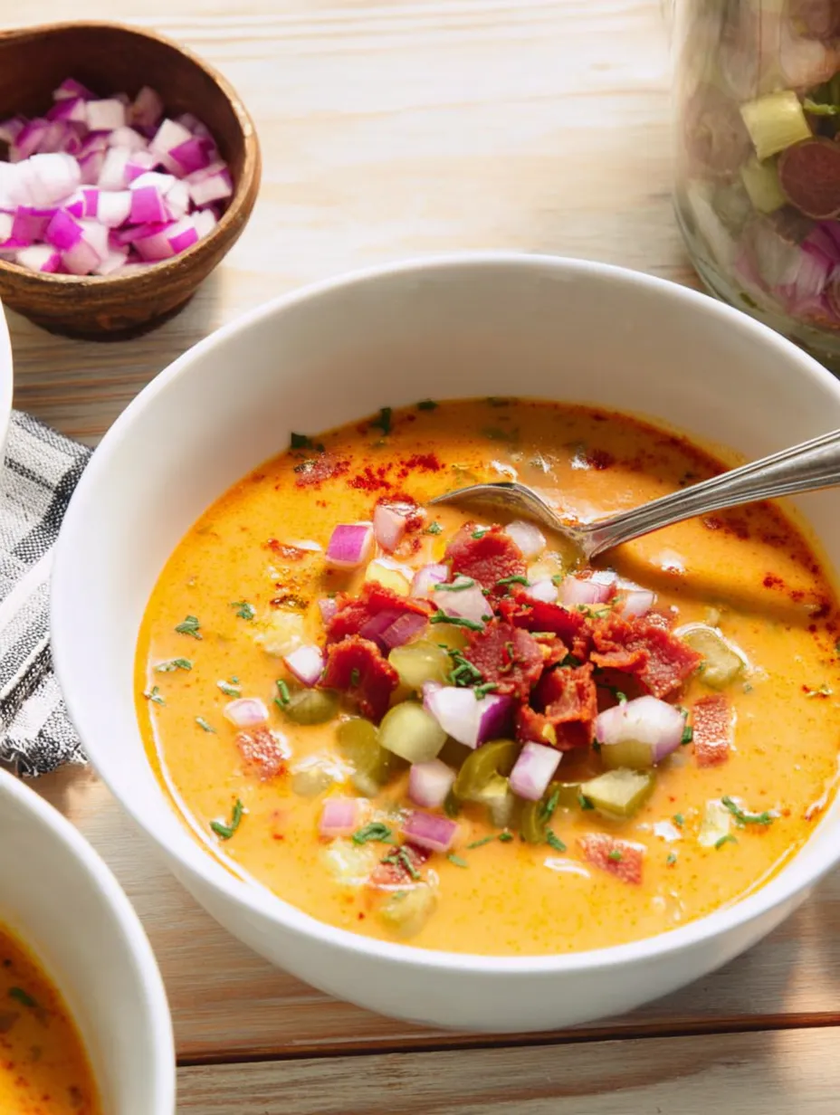 Eine Schüssel Suppe mit Zwiebeln und Paprika.