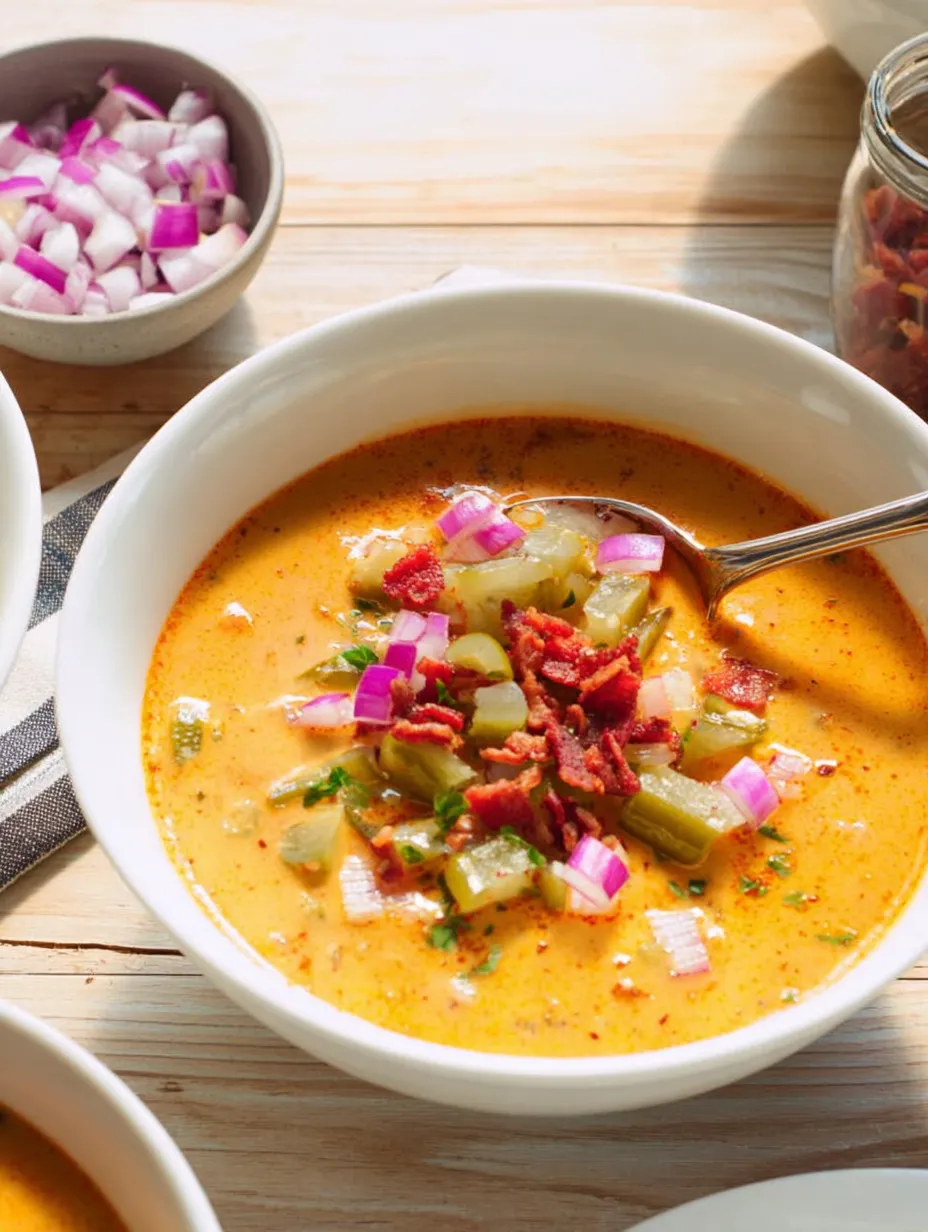 Eine Schüssel Suppe mit Gemüse und Bacon.