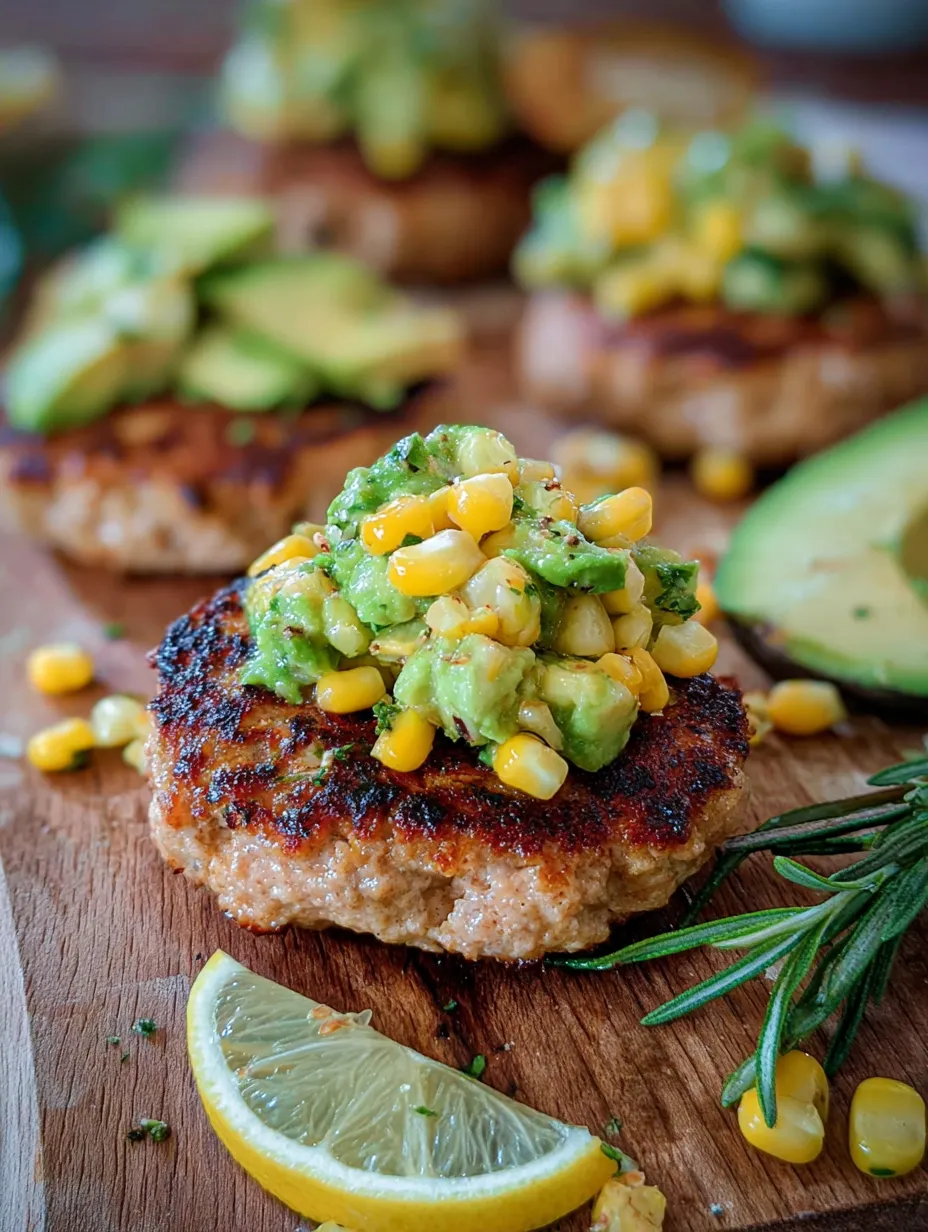 Ein Burger mit Avocado und Mais obendrauf.