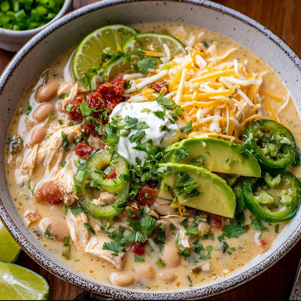 Bowl mit dampfendem Huhn, Bohnen und Avocado obendrauf.