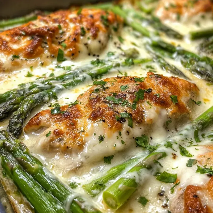 Hähnchen mit würzigem Spargel in einer Form.