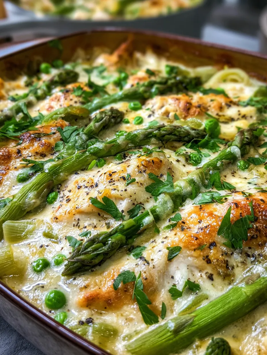 Ein Gericht mit Hähnchen, Spargel und Käse.