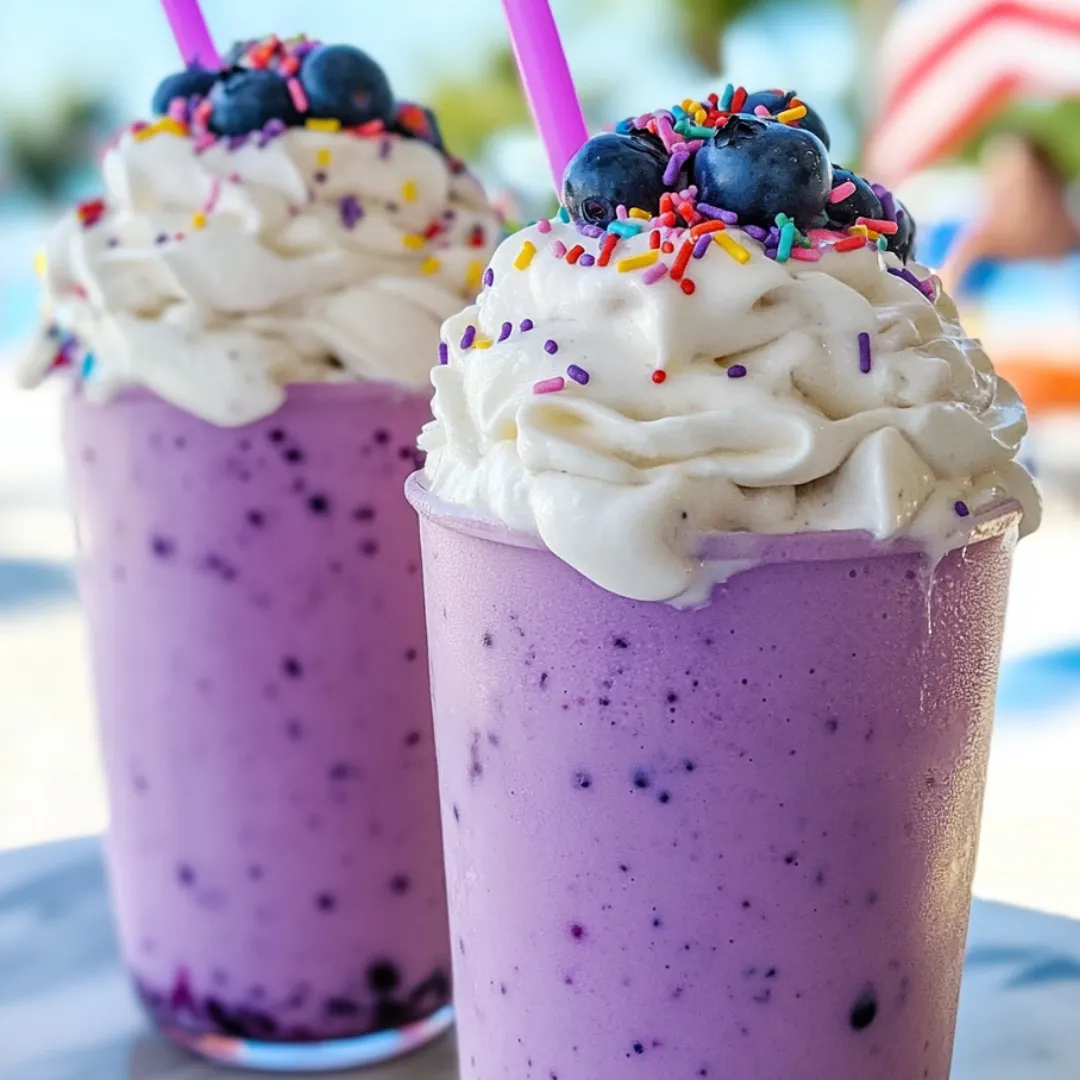 Zwei große Gläser voll mit Blaubeer-Shake und rosa Strohhalmen.