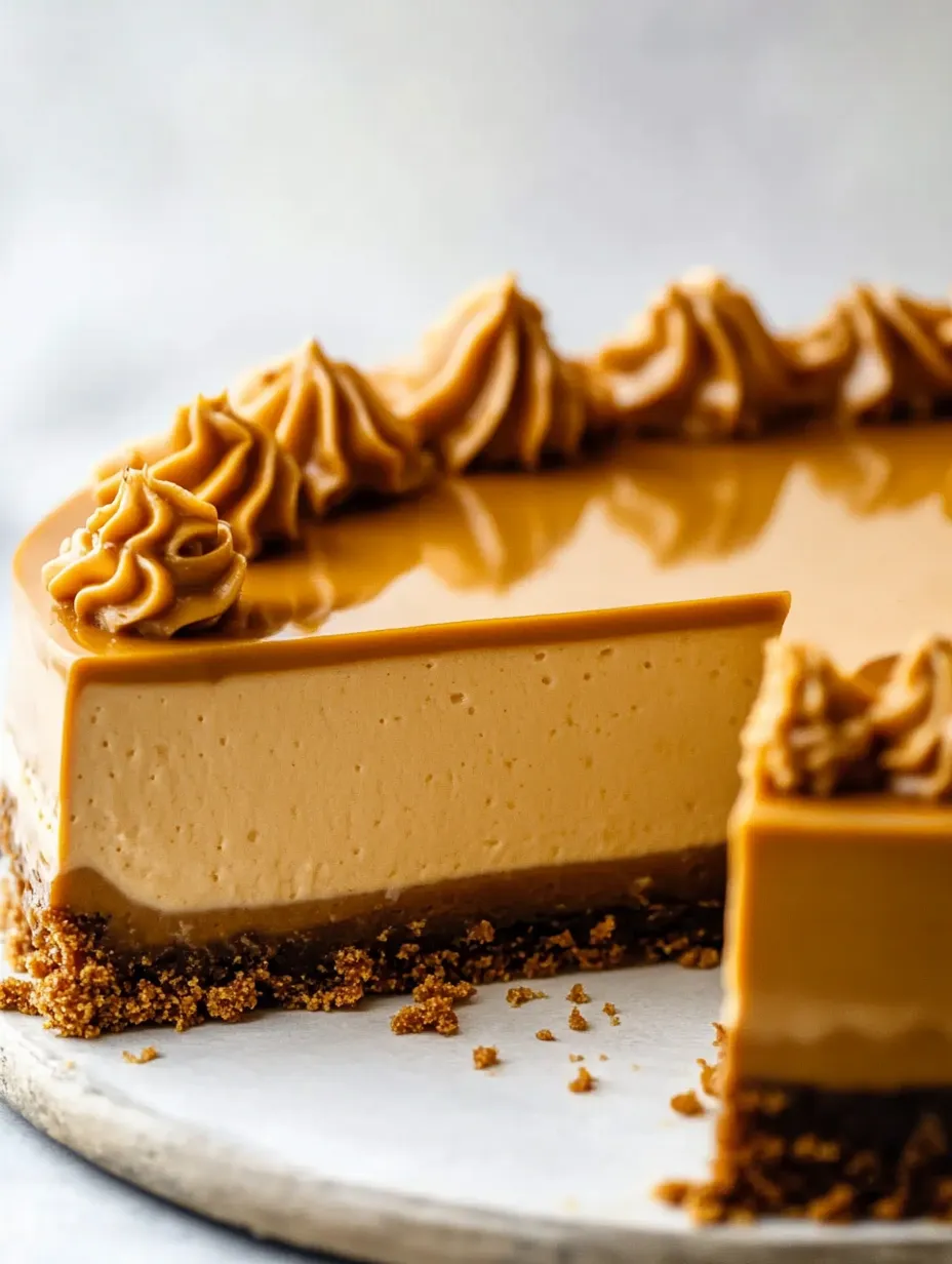 Karamellkuchenscheibe mit Karamellsauce beträufelt.