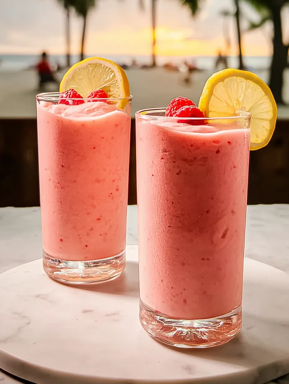 Zwei Gläser mit pinkfarbenem Drink und Zitronenscheiben.