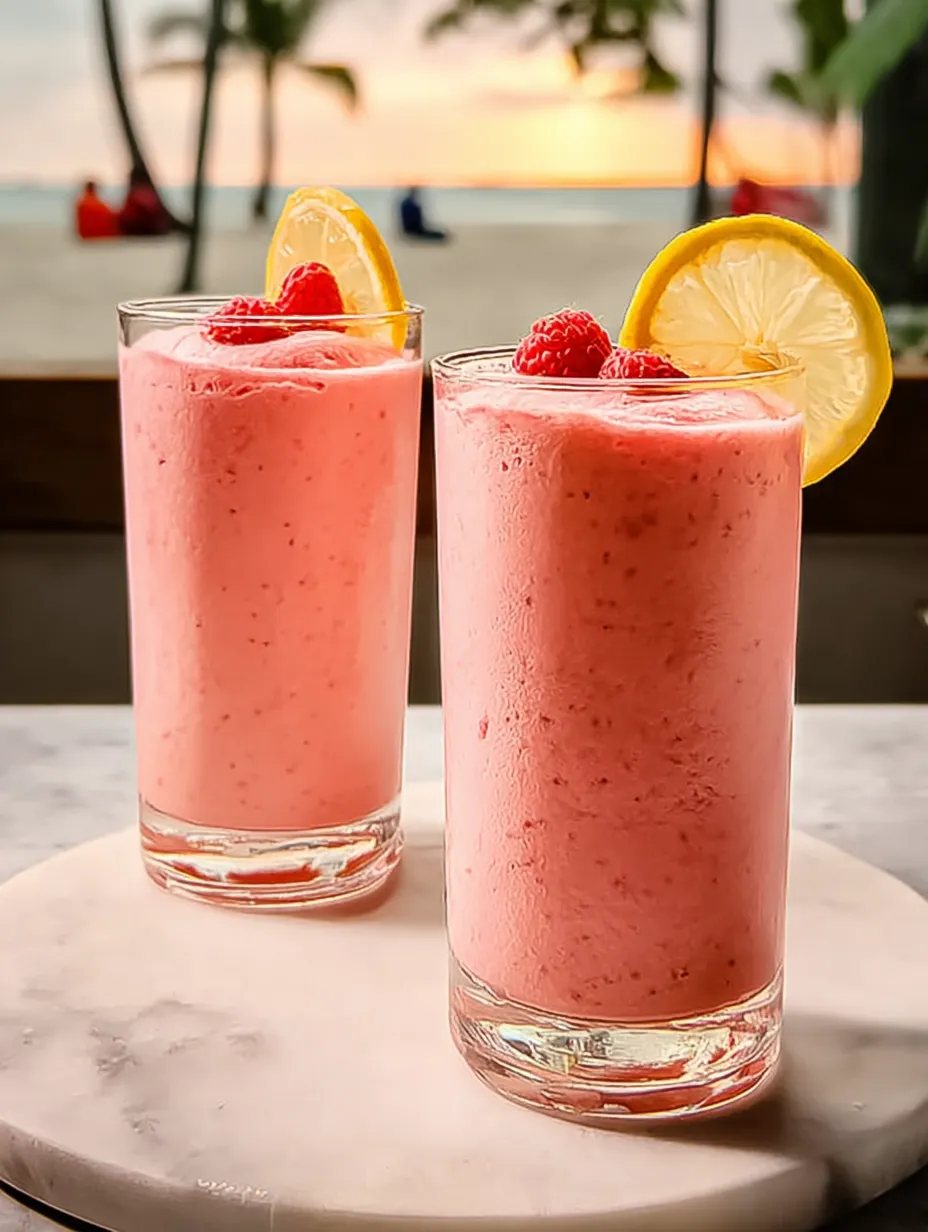 Zwei Gläser mit pinkfarbenem Drink und Zitronenscheiben.