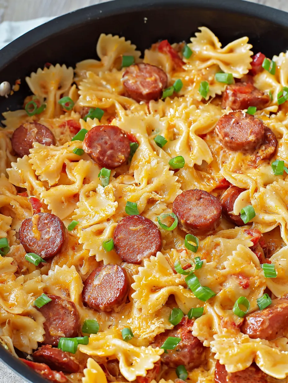 Eine Schüssel Pasta mit Wurst und frischen Frühlingszwiebeln.