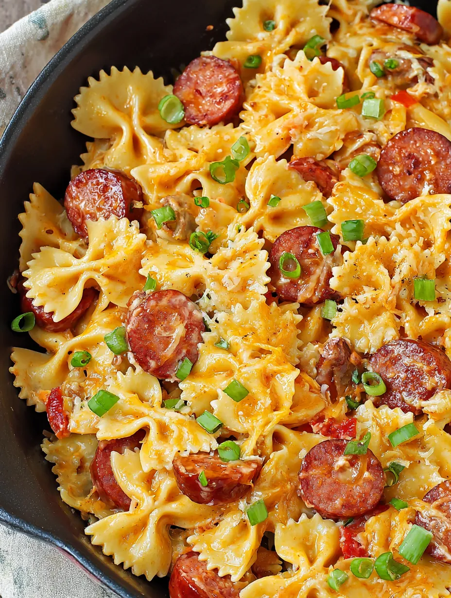 Eine Schüssel Pasta mit Wurst und frischem Lauch.