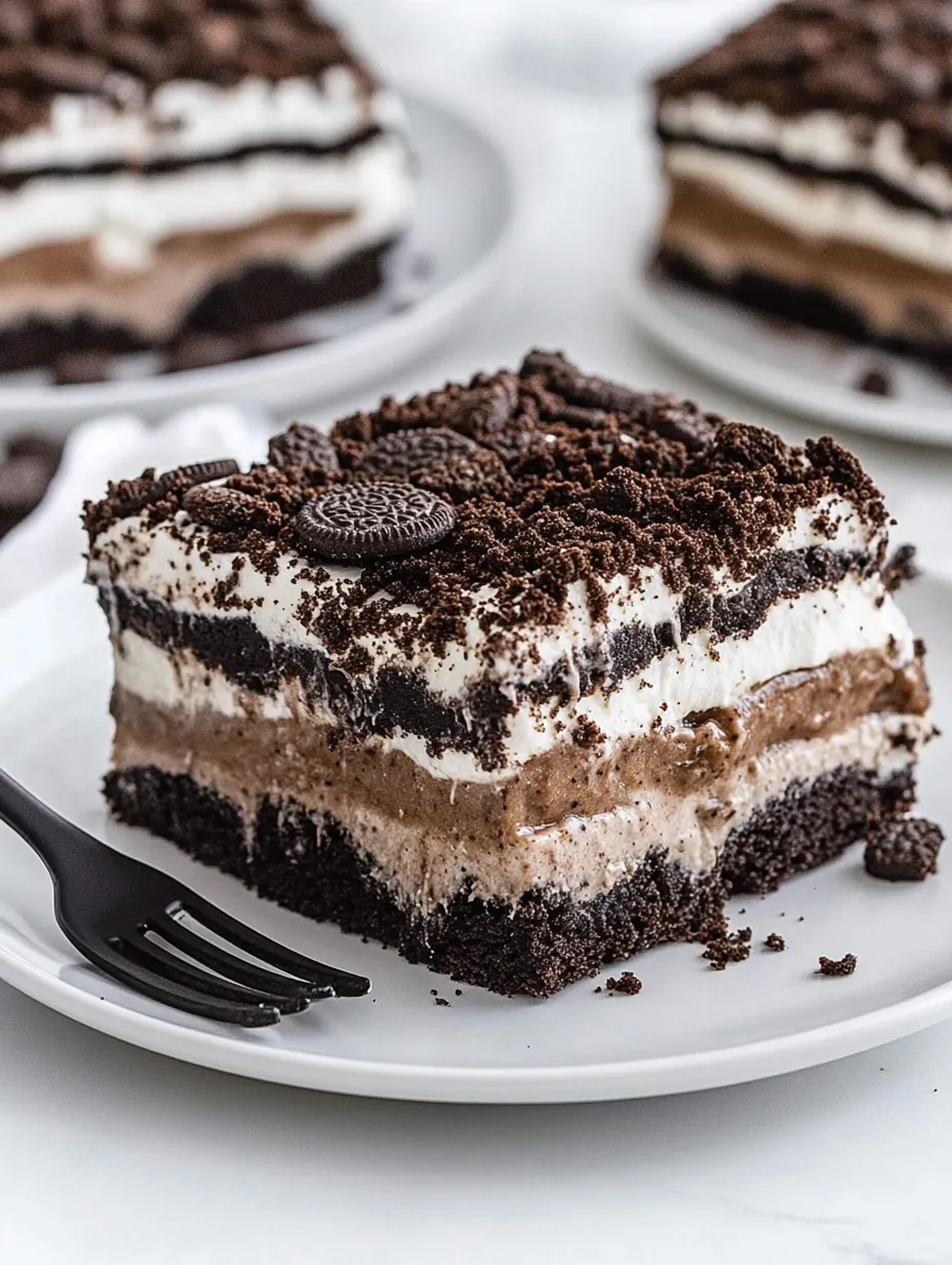 Ein Stück Schokotorte mit Oreo-Keksen oben drauf.