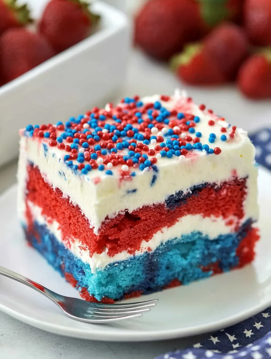 Ein Stück von einem Kuchen in Rot, Weiß und Blau.