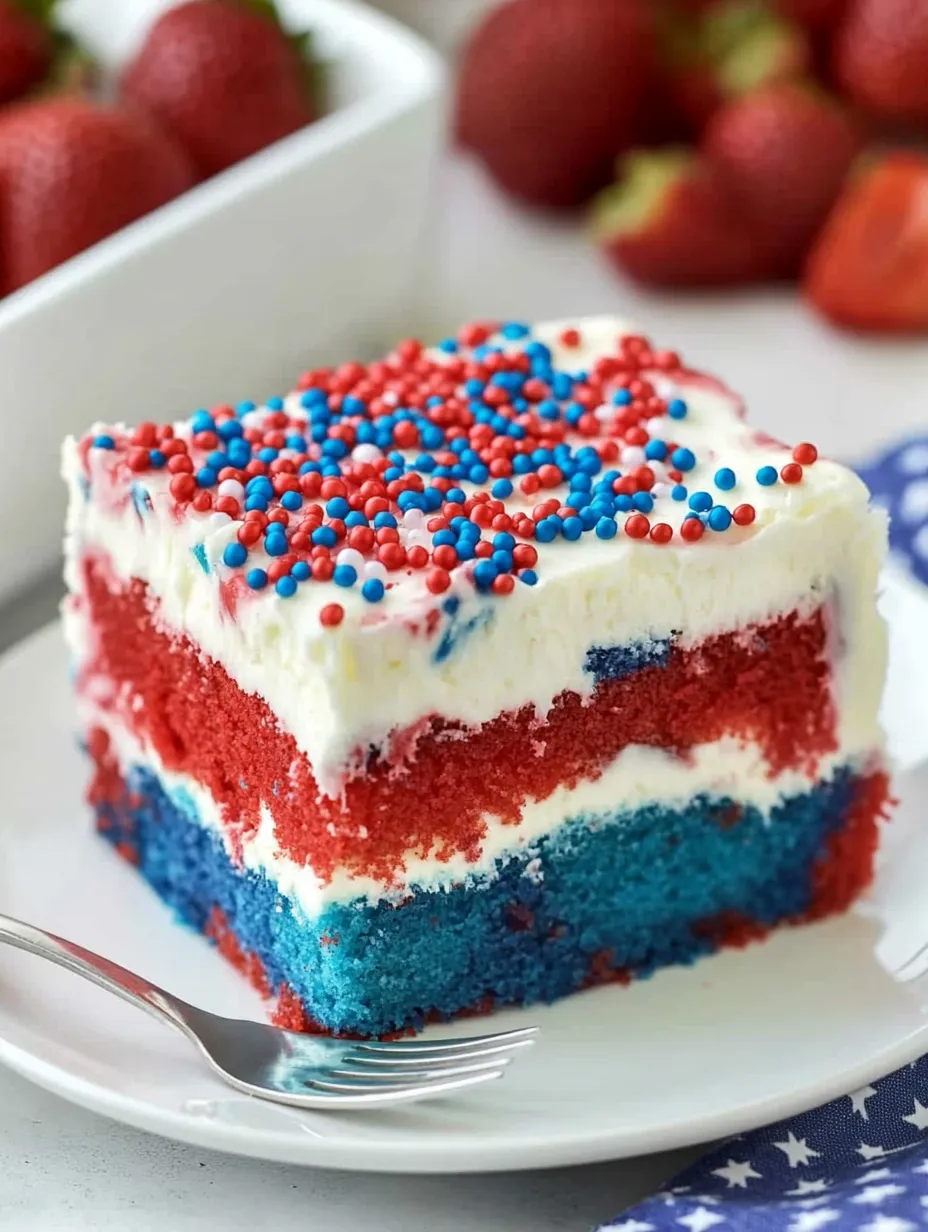 Ein Stück von einem Kuchen in Rot, Weiß und Blau.