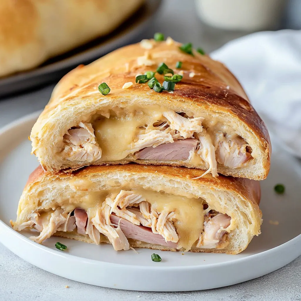 Sandwich mit Hähnchen und Käse auf weißem Teller.