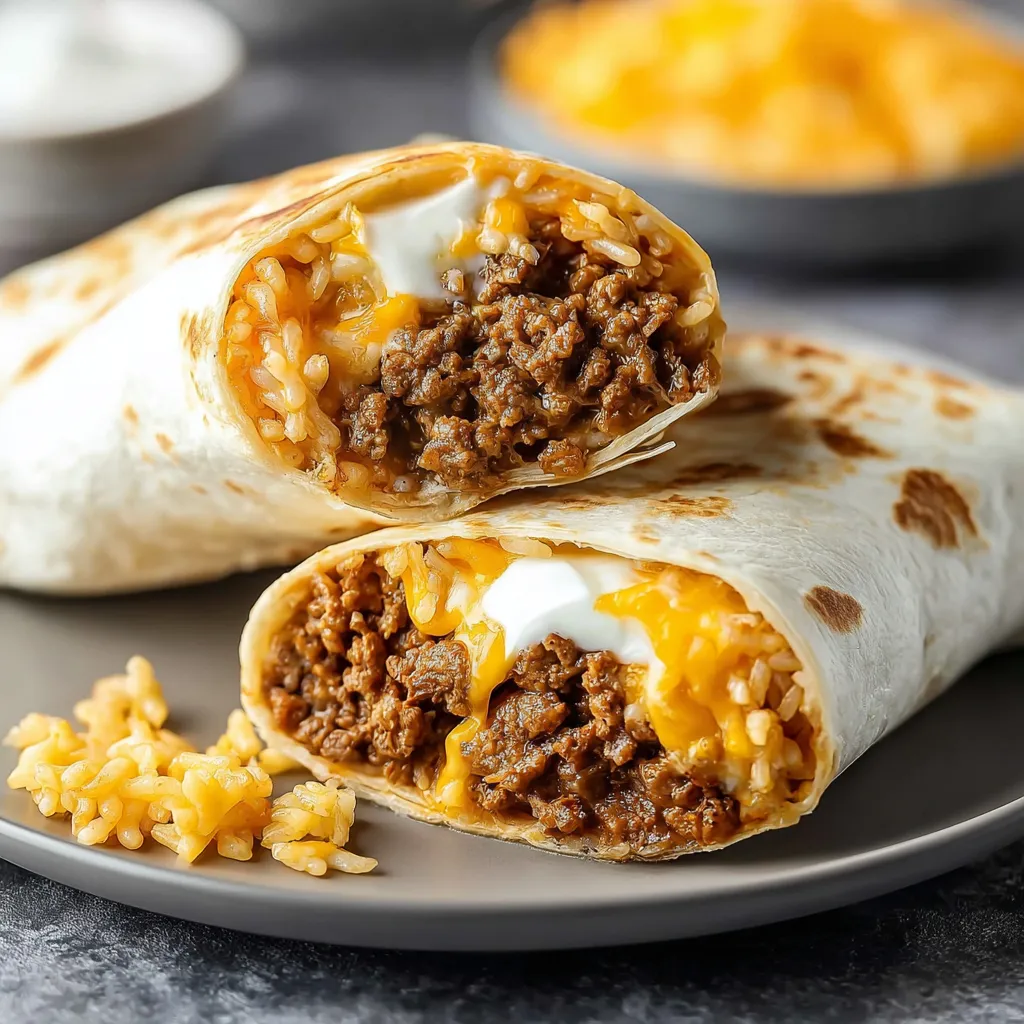Zwei Burritos mit Käse und Fleisch auf einem Teller.