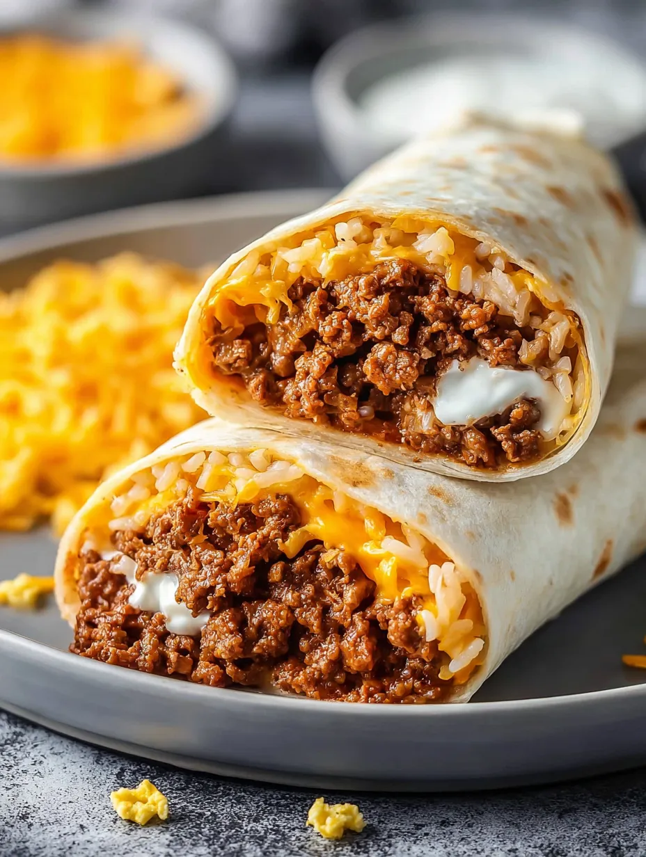 Ein Teller mit Burrito und Reis.