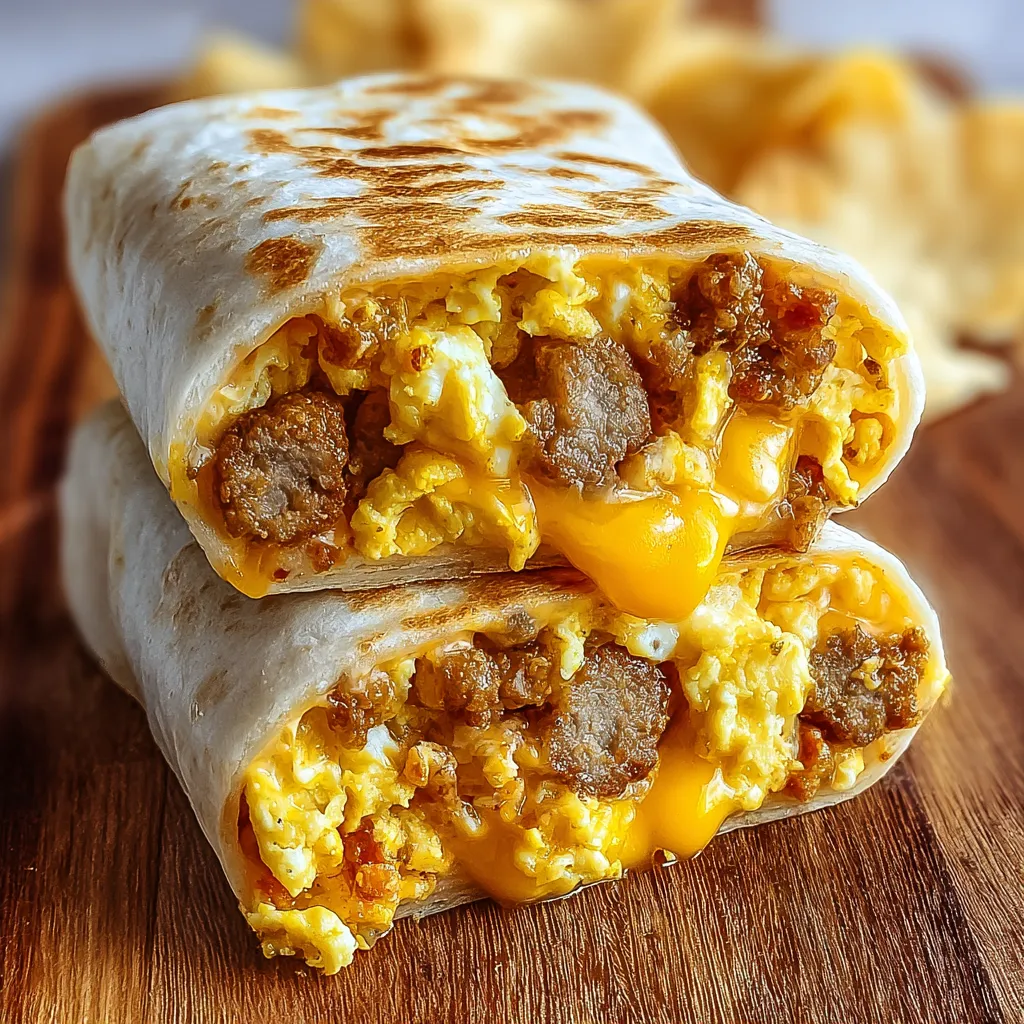 Ein Frühstücks-Burrito mit Eiern und Wurst.
