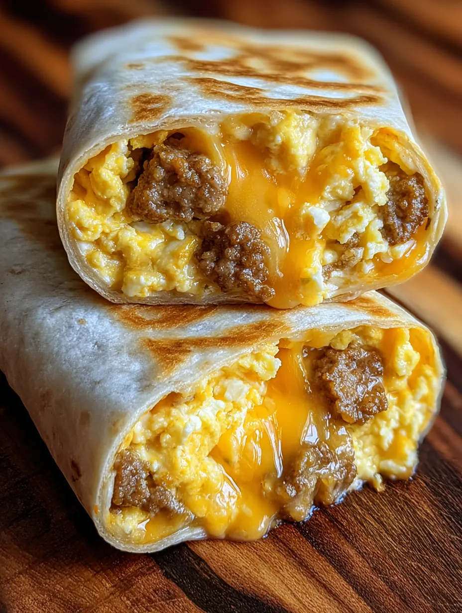 Ein Frühstücks-Wrap mit Ei, Bratwurst und Käse.